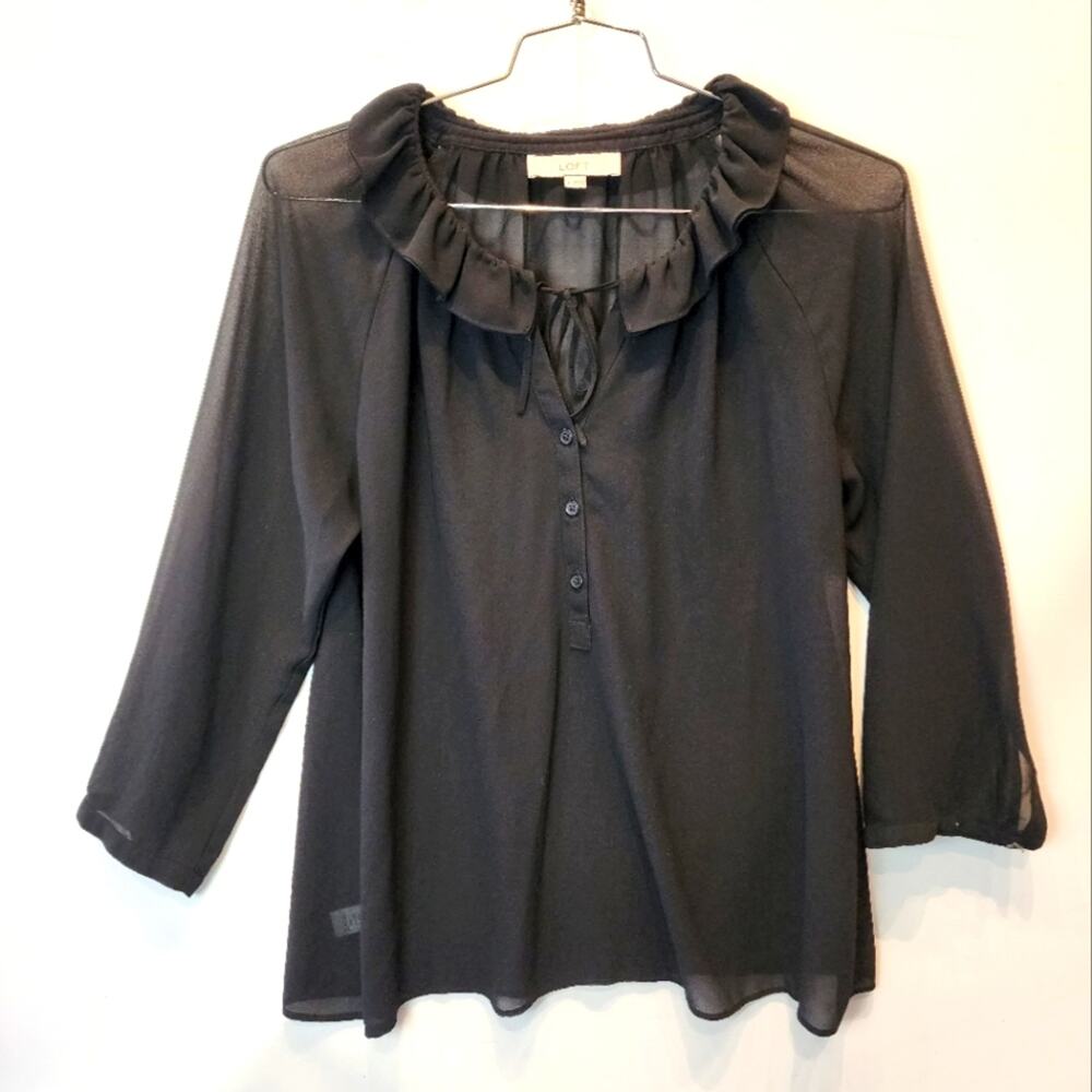 LOFT Black Ruffle Blouse Tunic Style Buttons Tie Top‎ Size L